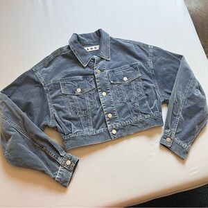 AMO grey blue corduroy denim boxy button up cropped long sleeve jacket